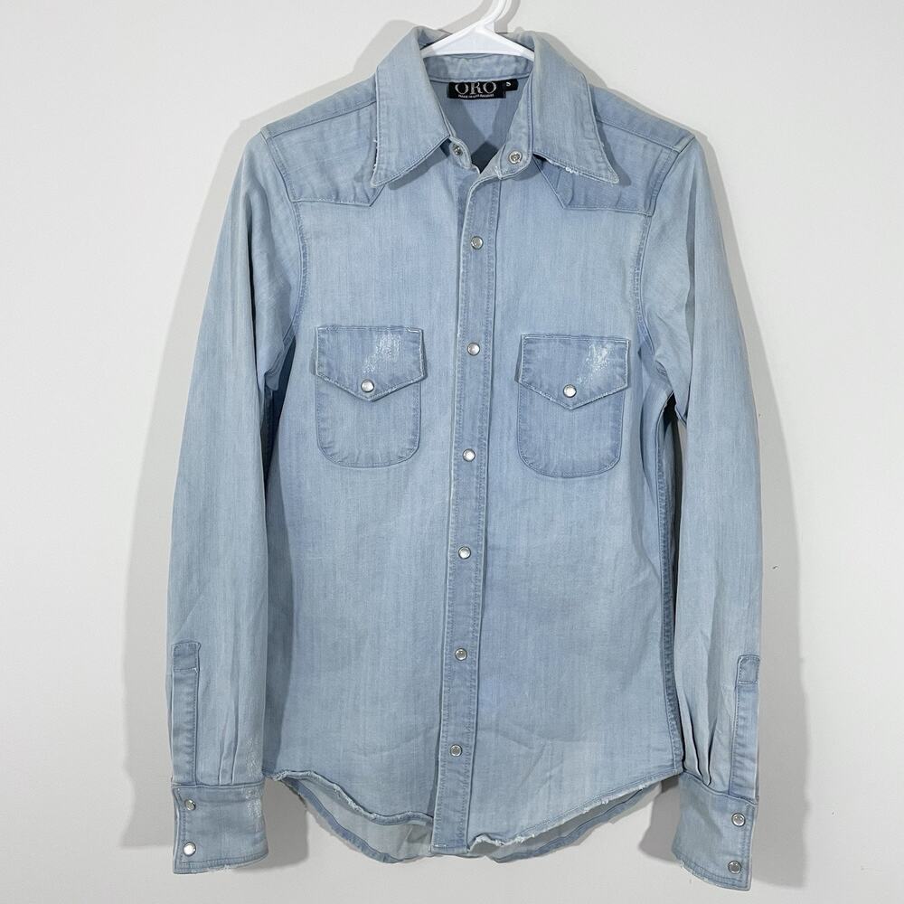 ORO Los Angeles Distressed Denim Pearl Snap Button Shirt Mens Small Light Blue